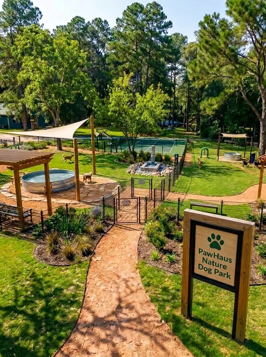 Fenced PawHaus Nature Dog Park with play areas and splash pools among the trees