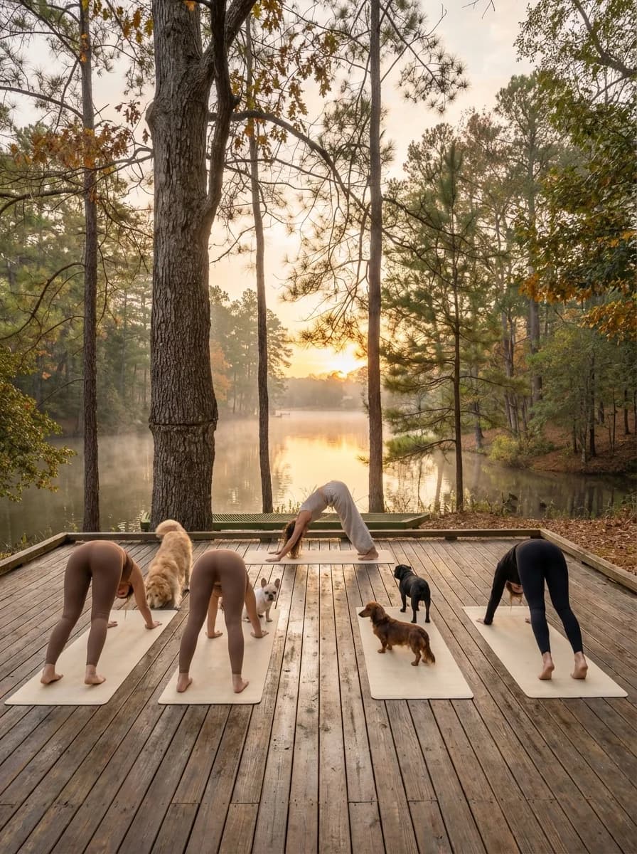 Dogs joining a lakeside group activity on a wooded deck