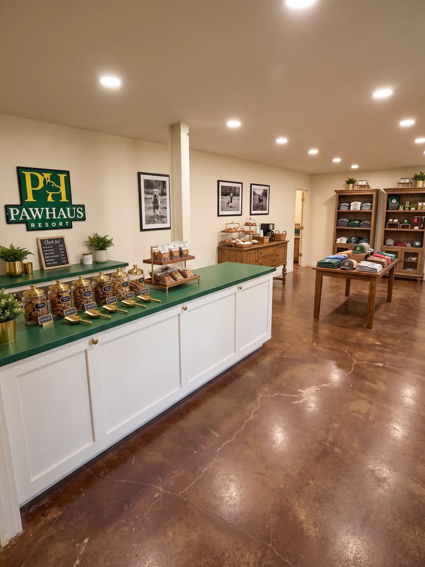 PawHaus retail area with dog treats, apparel, and accessories