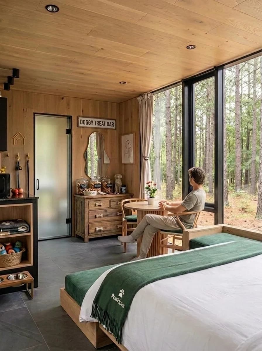 Petite Mirror House interior with bed, dining table, dog bowls, and treat bar