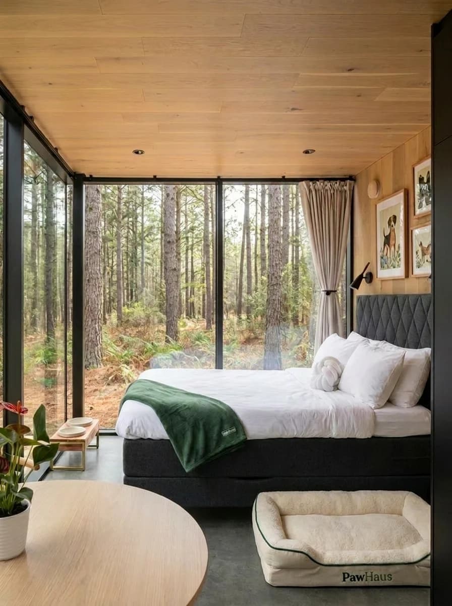 Petite Mirror House Queen bed and dog bed overlooking the forest