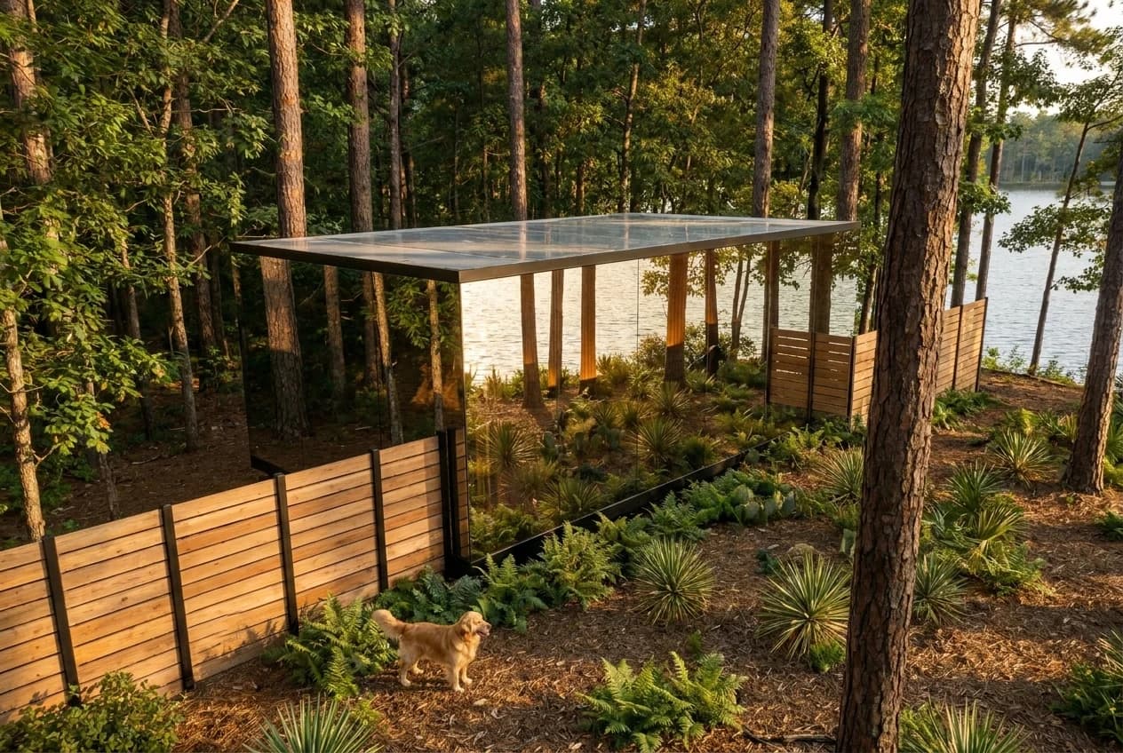 Standard Mirror House mirrored exterior among the pines with a lake view