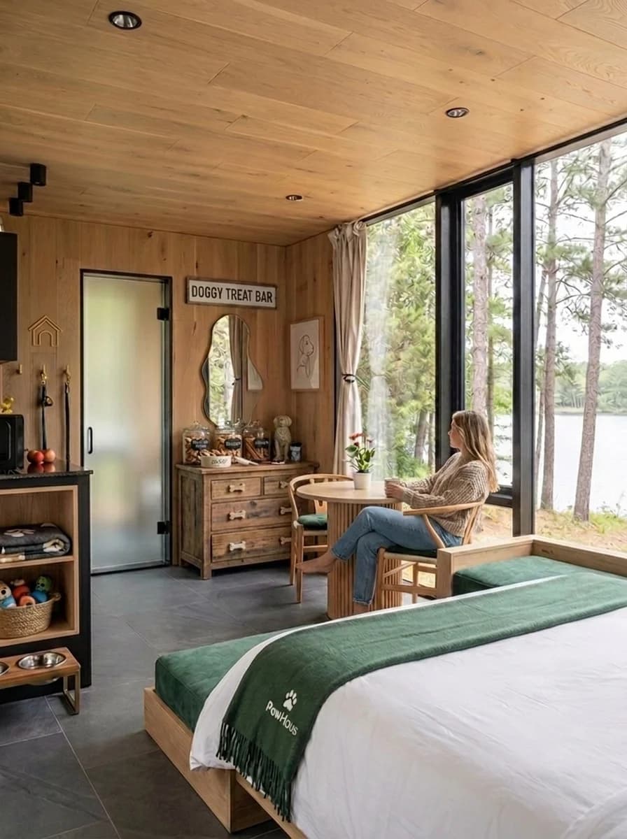 Standard Mirror House interior with King bed, dining table, dog bowls, and lake view