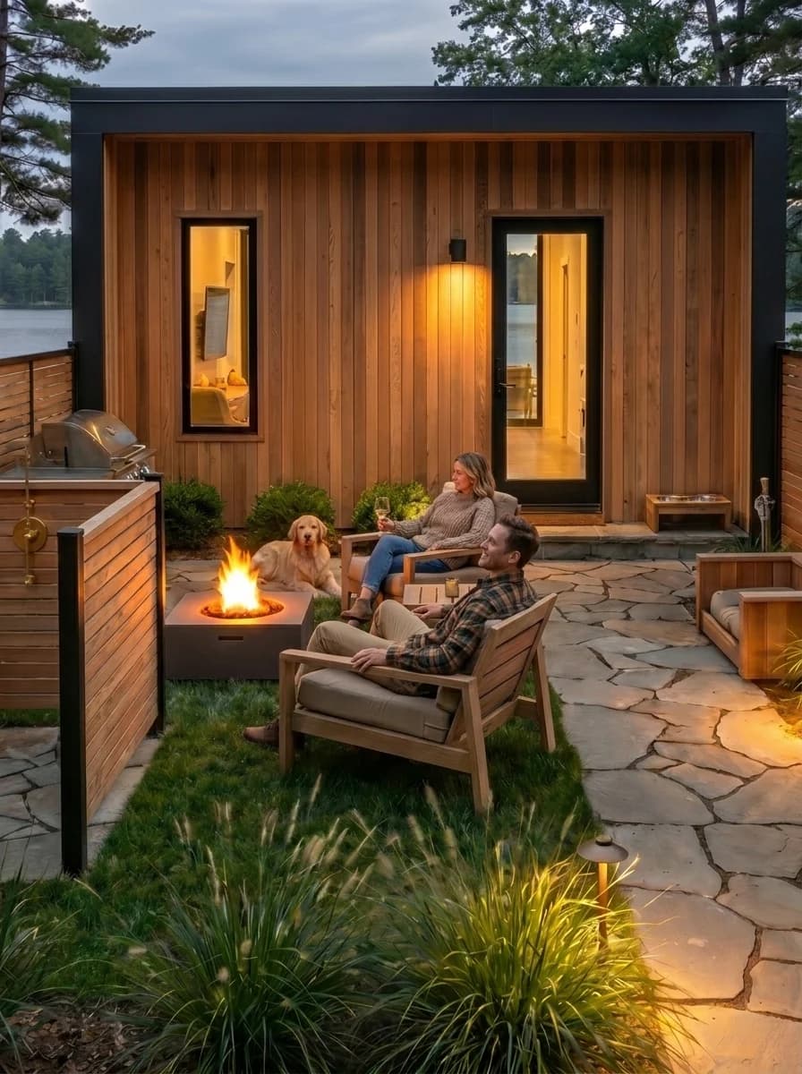 Standard Mirror House private yard with seating, fire feature, grill, and dog